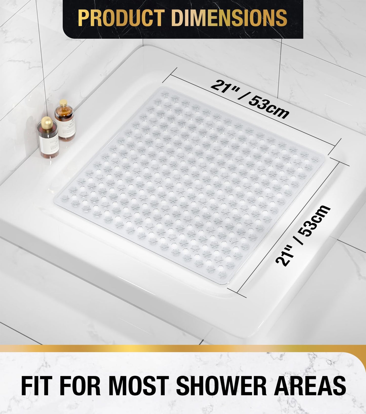 HITSLAM Shower Mat Non Slip Anti Mould, Bath Mat Anti Slip With Suction Cups and Drain Holes, Square Shower Mat for Inside Shower 60 x 60cm