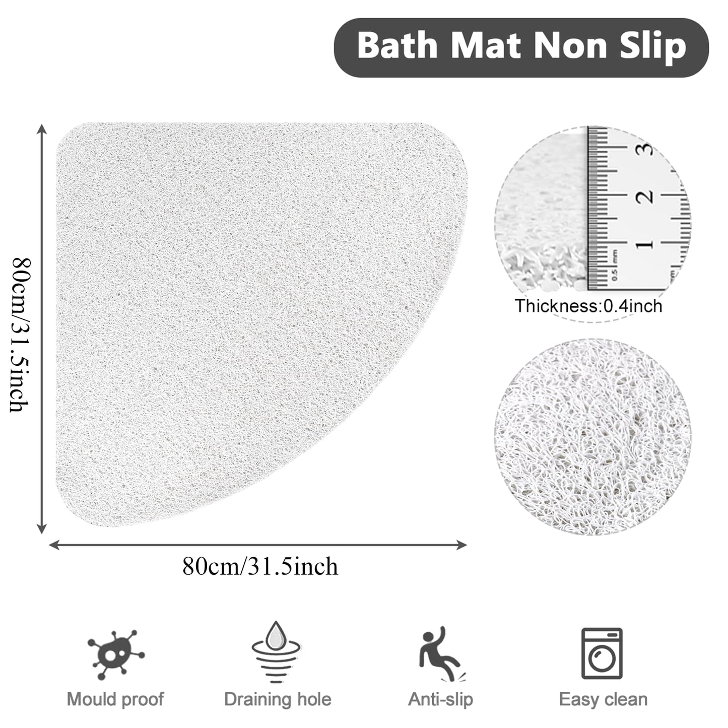 Lurowo Corner Shower Mat, Quadrant Loofah Shower Mat (White, 80 * 80cm)