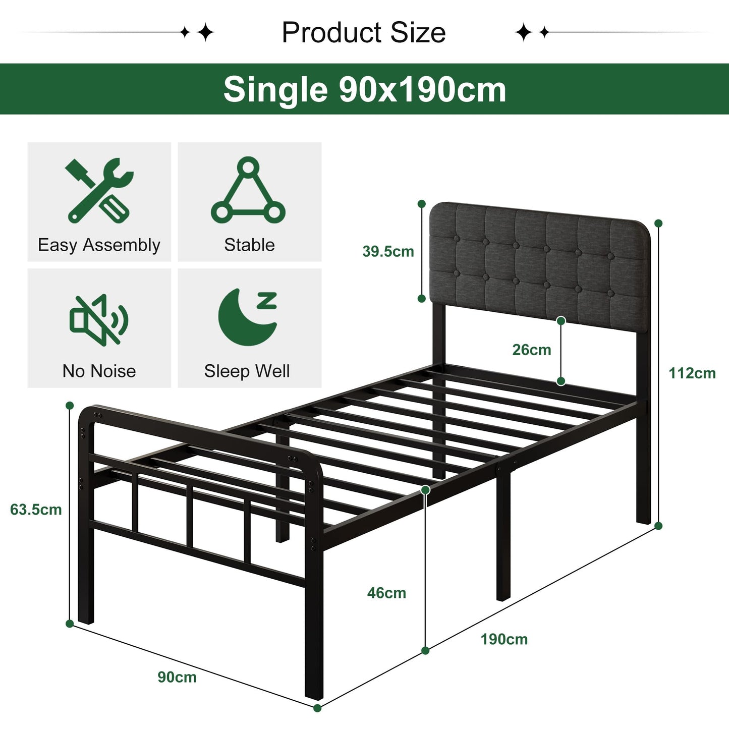 EMODA 3ft Single Bed Frame with Upholstered Headboard and Footboard