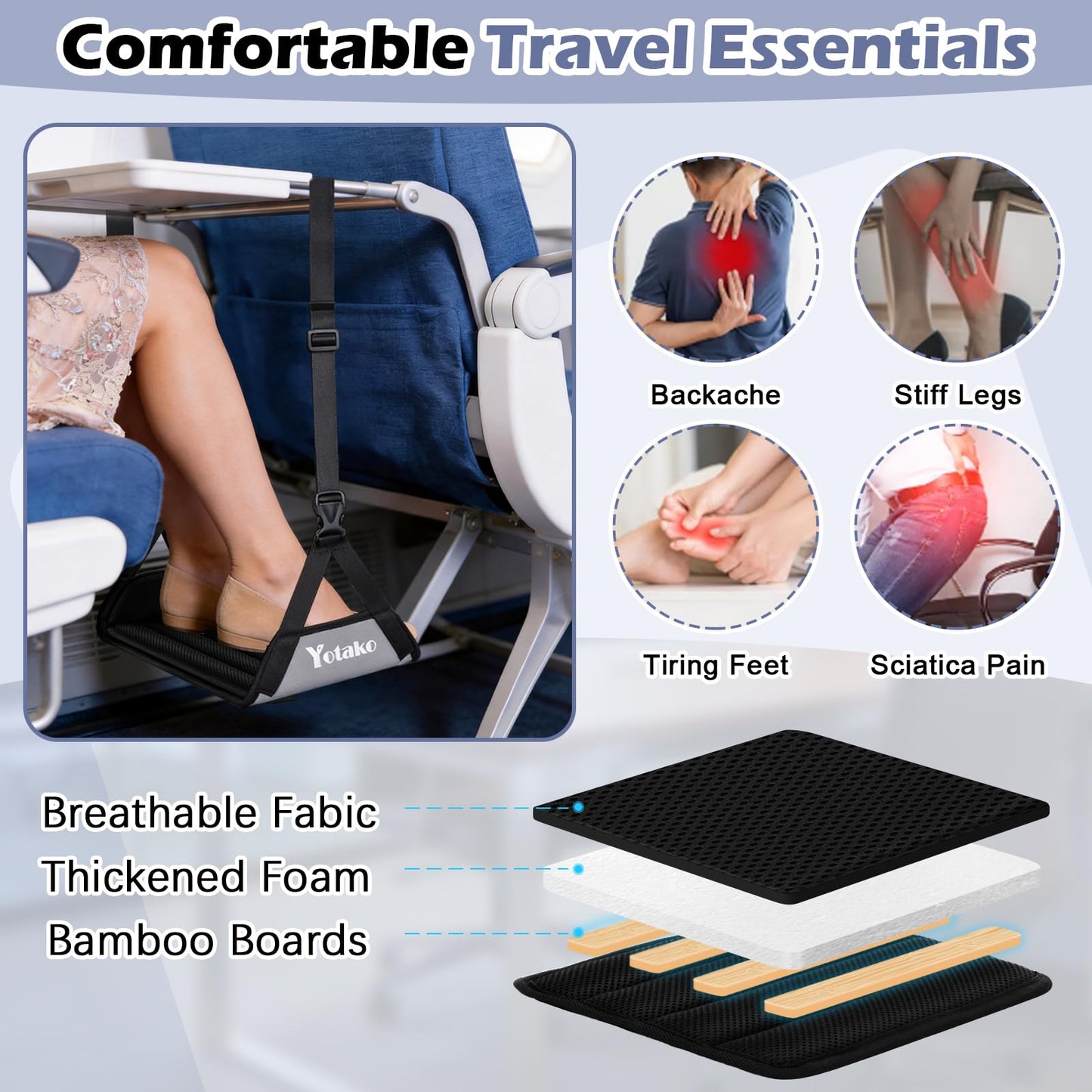Yotako Foot Hammock for Flight - Adjustable Travel Airplane Foot Rest with Memory Foam & Bamboo Support, Portable Leg Hammock for Long Flights