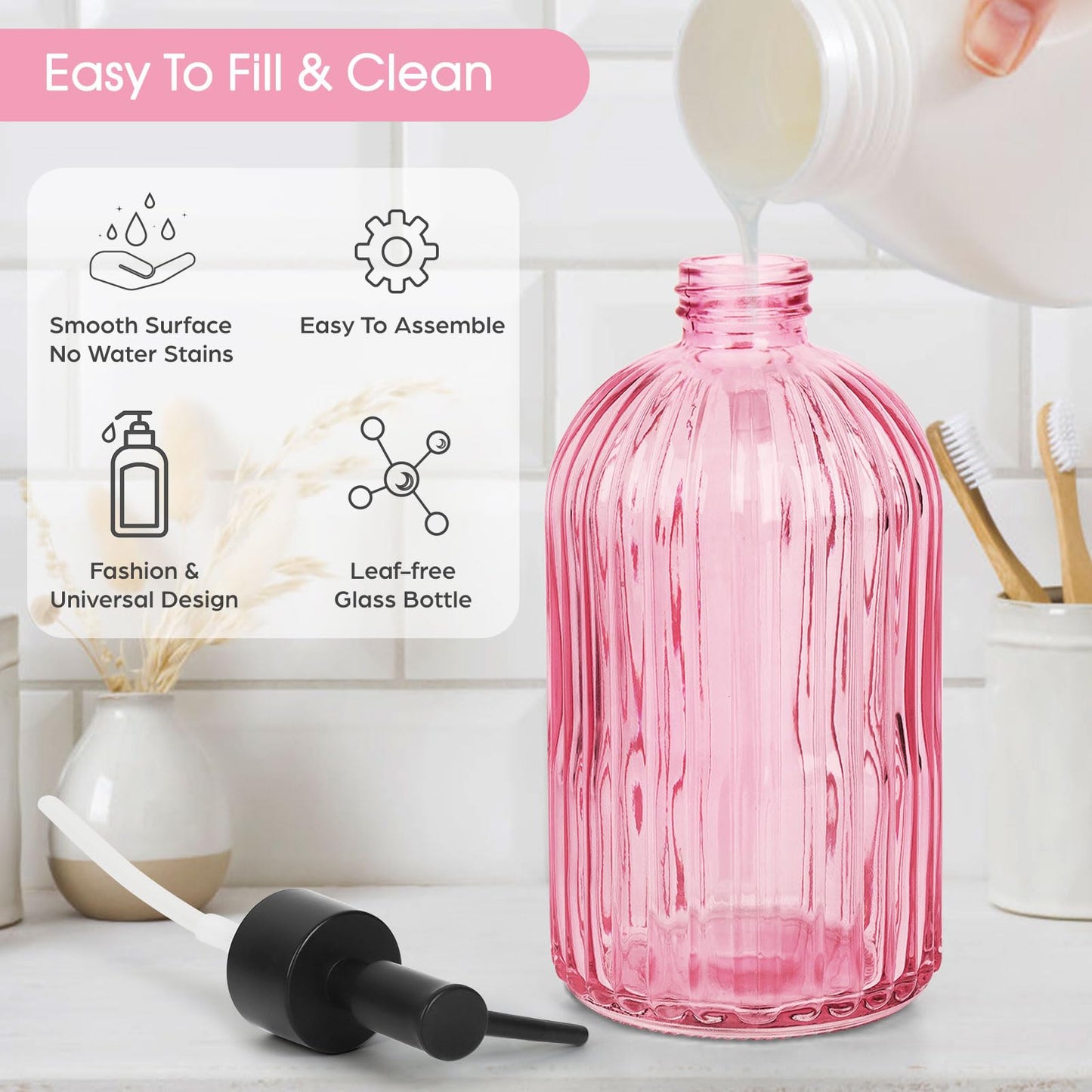 Topsky Glass Soap Dispenser with Black Rustproof Plastic Pump, 400ml Pink