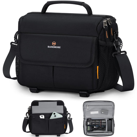 RAINSMORE Camera Sling Bag Water-Repellent Shockproof DSLR/SLR Small Camera Bag with Adjustable Strap Crossbody Camera Case for Women and Men, Black