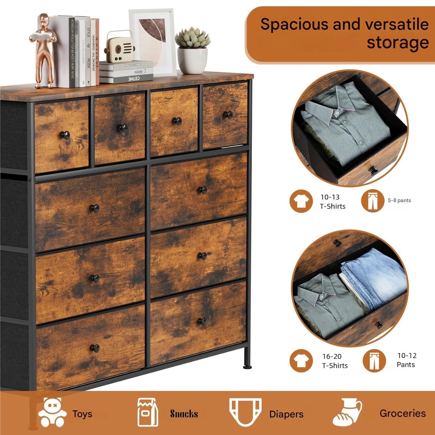 Clevich Chest of Drawers with 10 Fabric Drawers, Wooden top Sideboard, Metal Frame, Anti-Tip Design Storage Cabinet for Bedroom