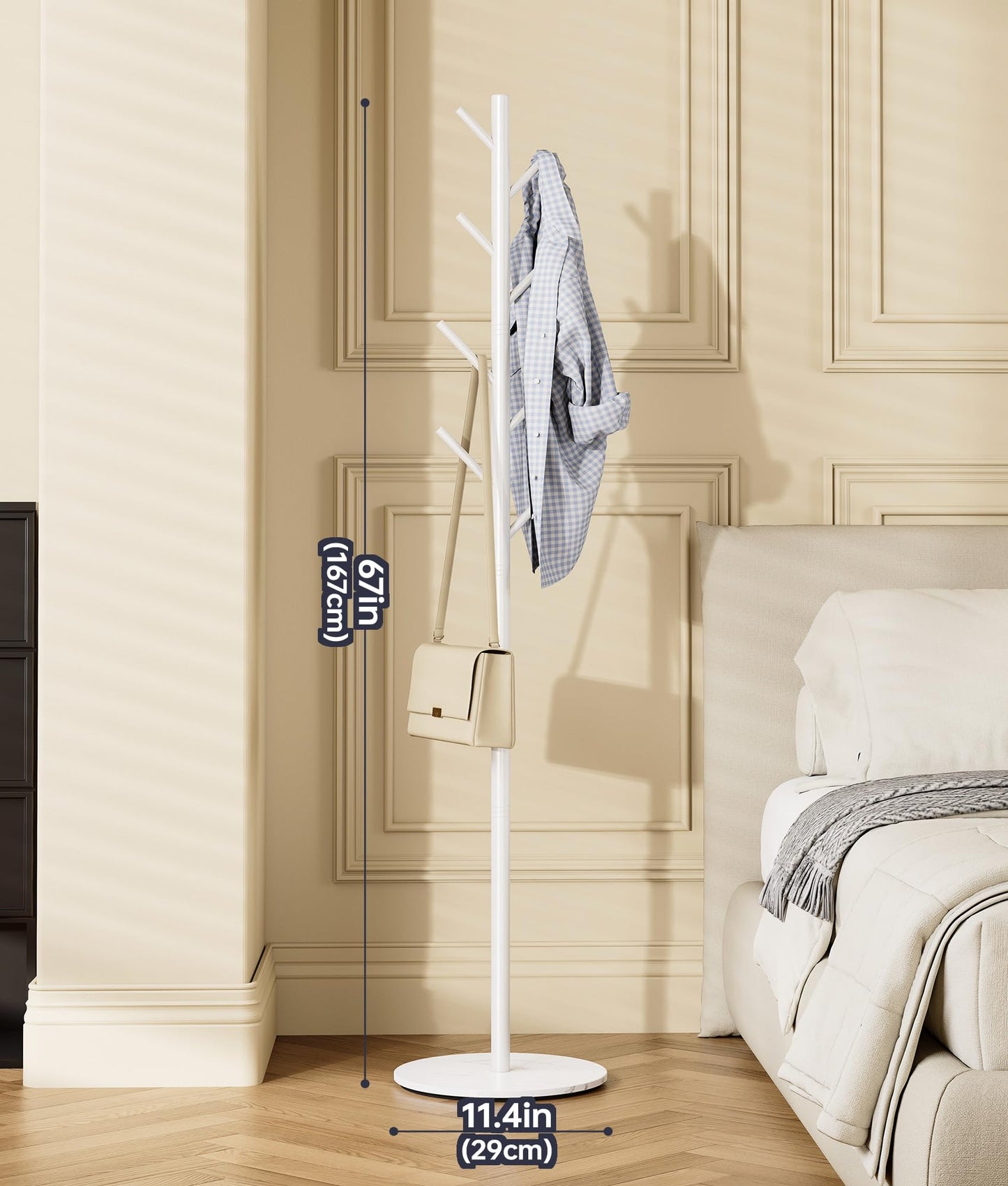 Tujurich Coat Rack with 8 Hooks, 3 Adjustable Heights, Modern Hall Tree, Sturdy Metal Coat Stand with Sintered Stone Base, for Hallway