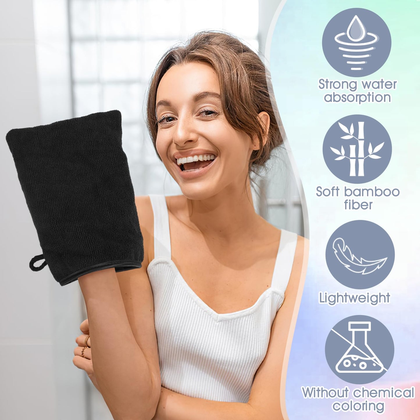 Qichan 10 Pcs Facial Mitts, 15 x 21cm Soft Bamboo Fiber Wash Mitts Body and Face, Reusable Makeup Remover Gloves