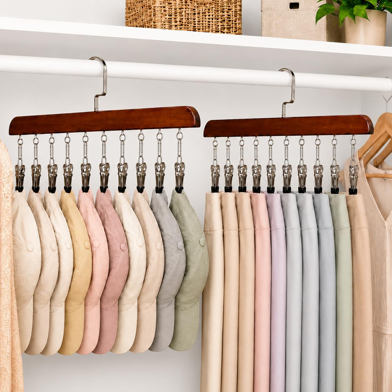 2PCS Wooden Trouser Hanger 10 Clips, Space Saving Closet Organiser
