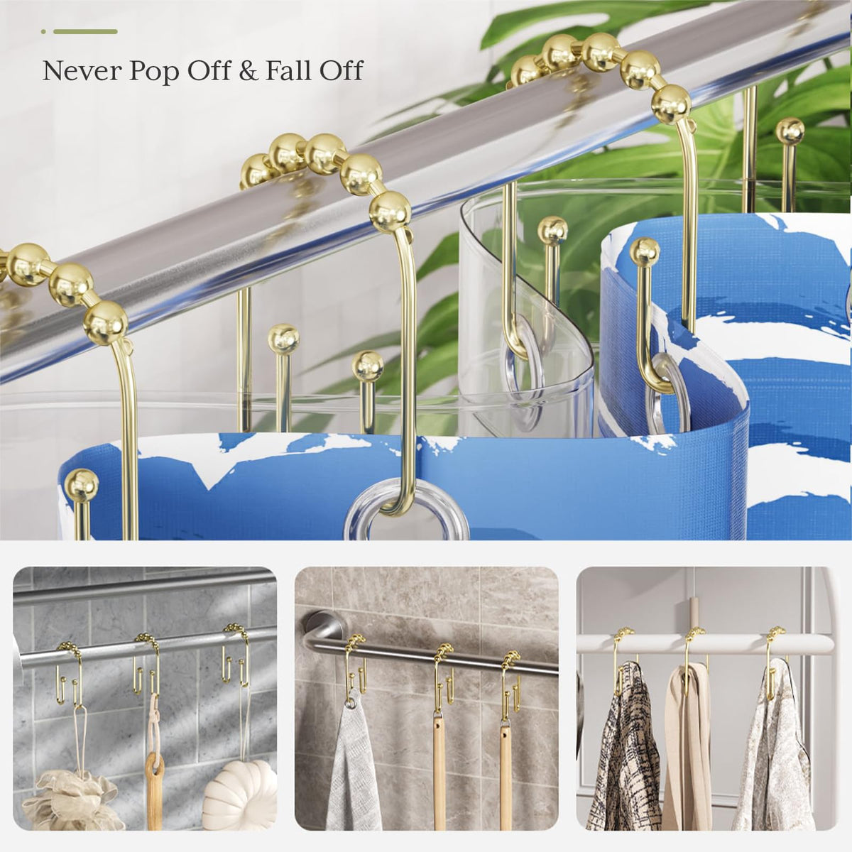 Rusokufo 12 Pieces Golden Shower Curtain Hooks Double Hooks Rust-Resistant For Bathroom