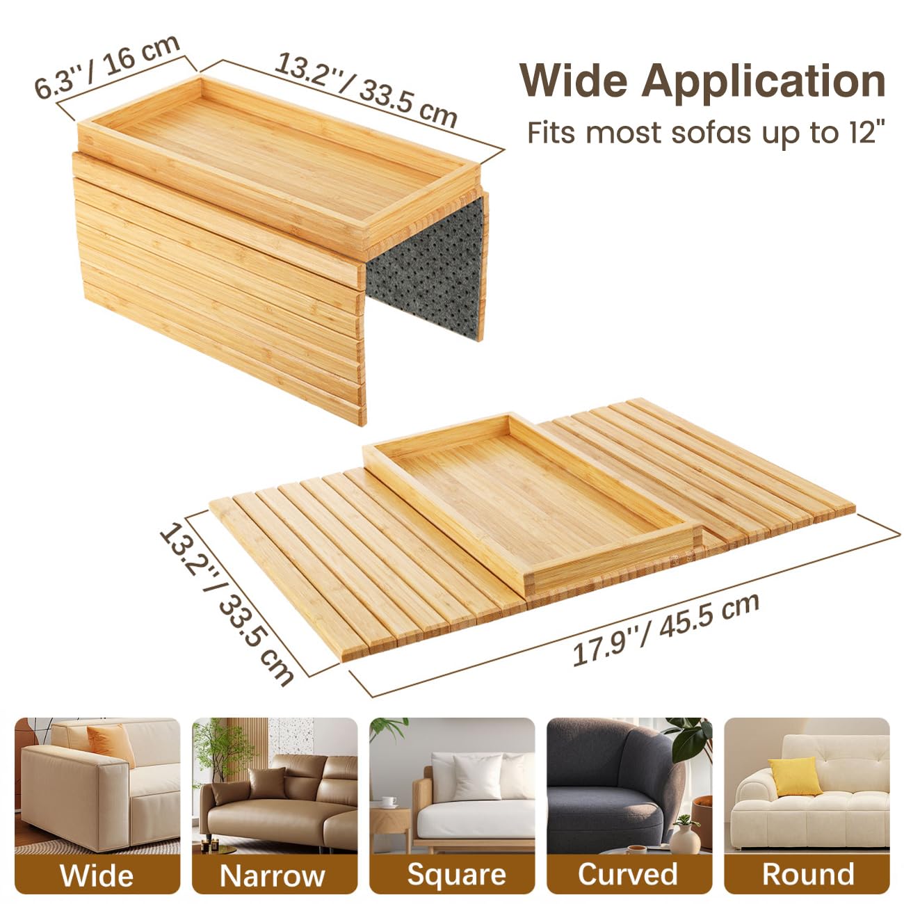 Kssiaz Couch Arm Tray, Bamboo Sofa Tray Table for Couch, Sofa Armrest Table, Anti-Slip Armrest Organizer, Foldable Cup Holder for Snacks, Phone