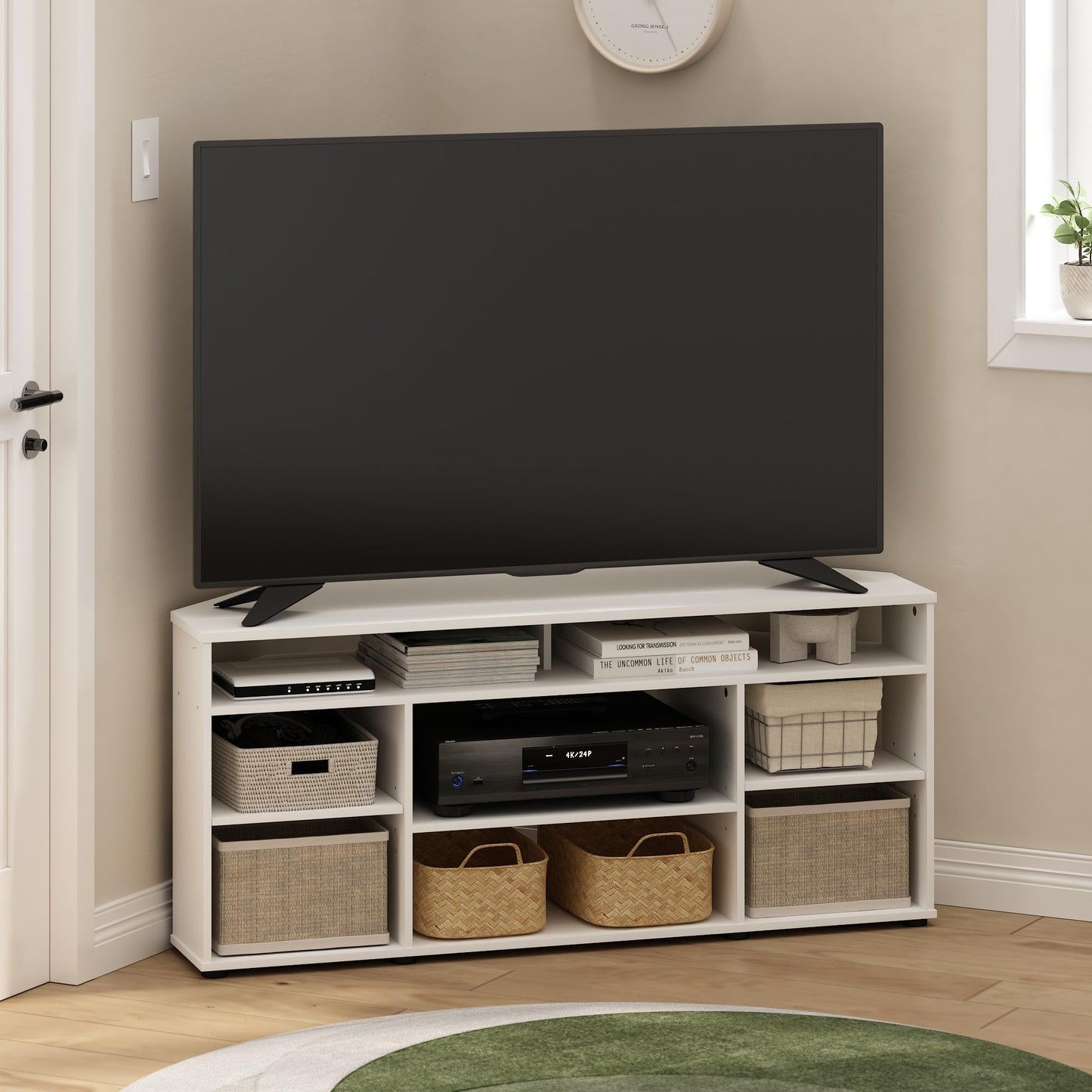 Furinno JENSEN TV Stand, Corner Entertainment Center, TV Console for TV up to 55 Inch, for Living Room, Bedroom, White