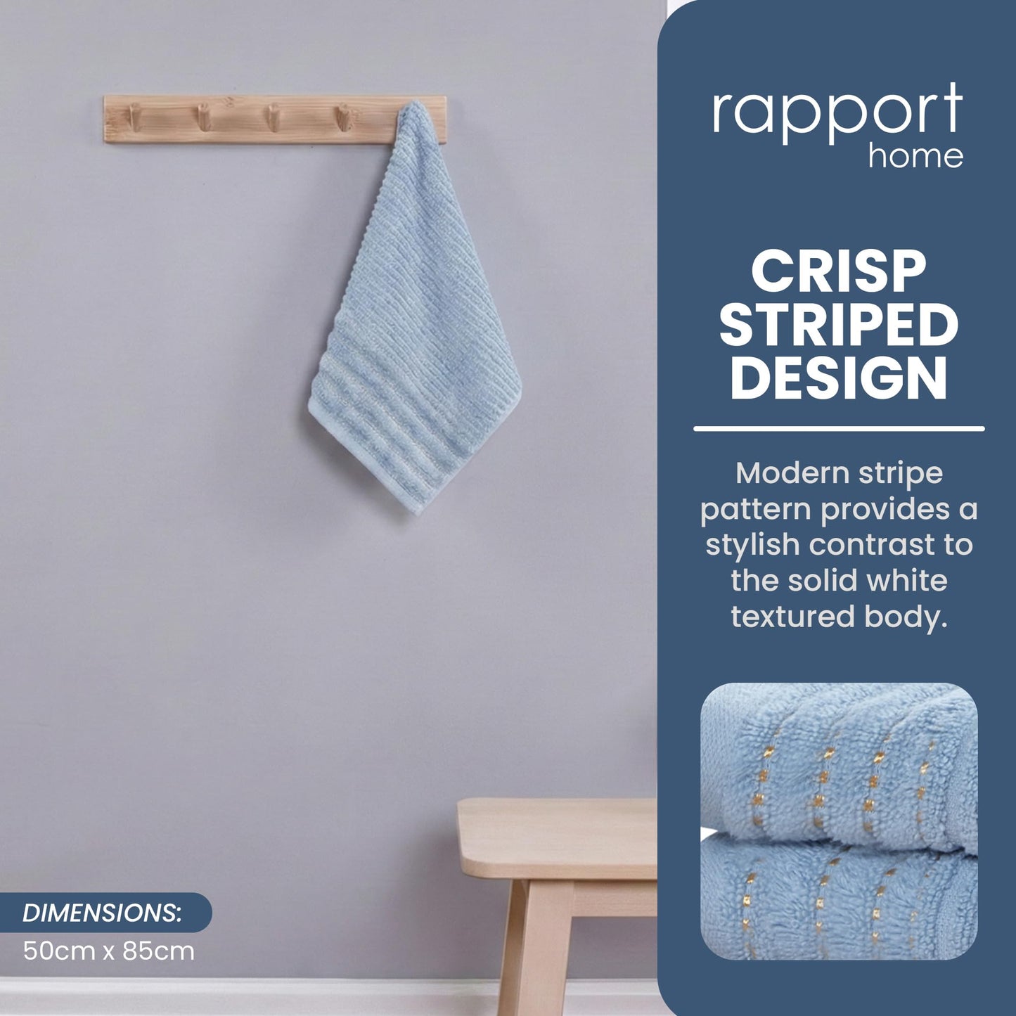 Rapport Home 2-Pack Linear Hand Towels | 50x85cm 100% Cotton 500GSM | Absorbent & Soft Bathroom Towel Set | Oeko-Tex Certified | Sky Blue