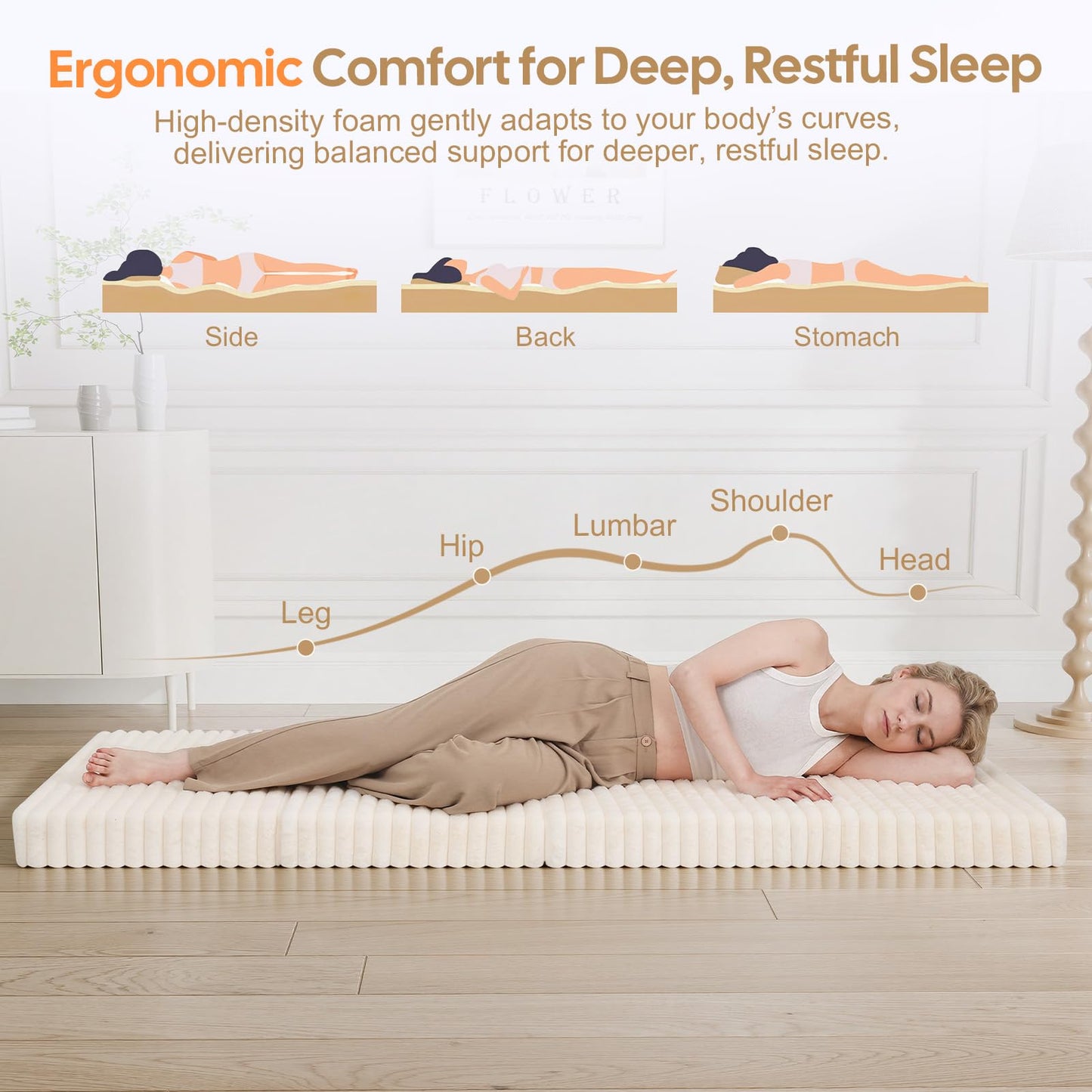MeMoreCool Folding Floor Mattress 190x90cm, 4-Fold Foam Guest Bed, Beige