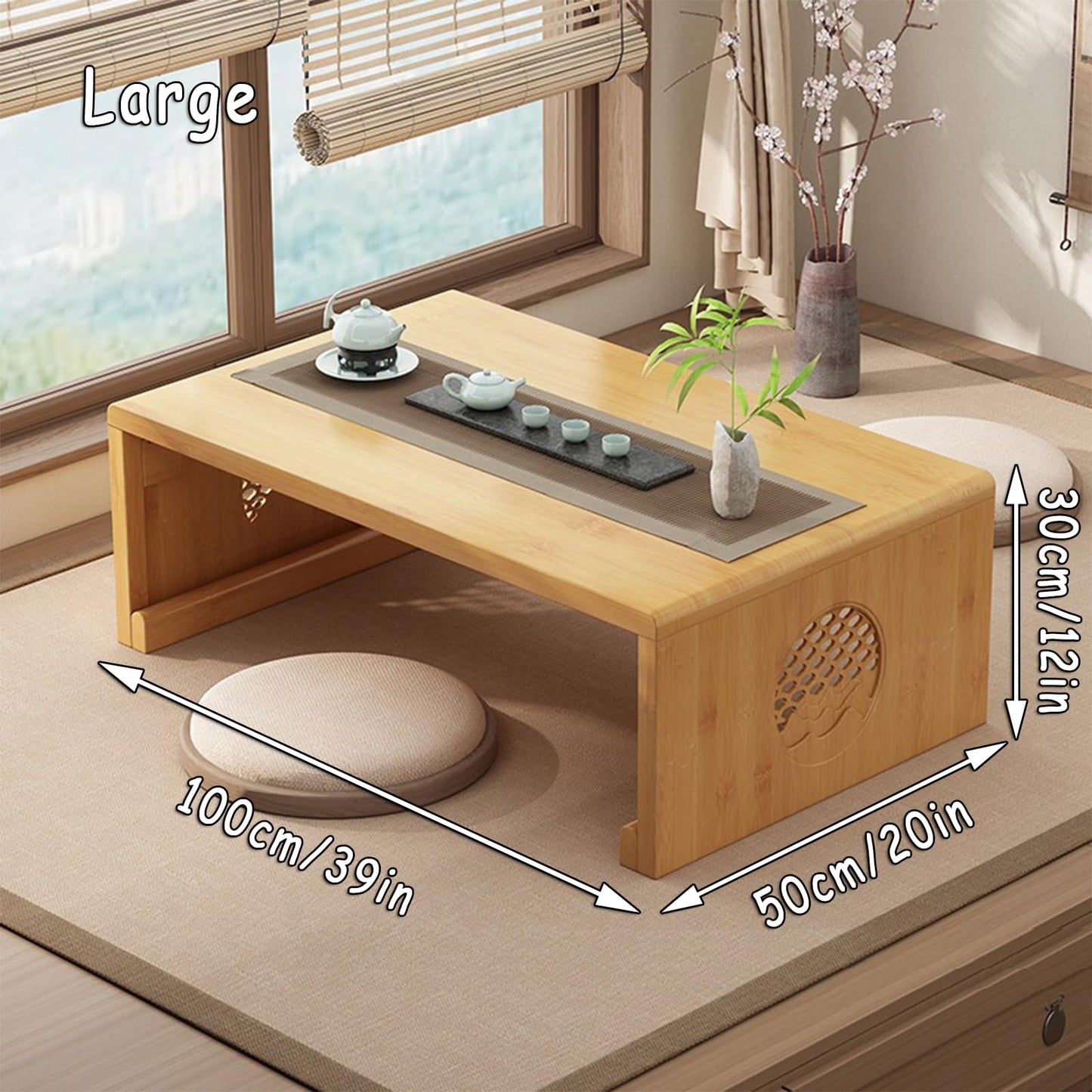 JIANCNGU Bamboo Chinese Tea Floor Table Japanese Foldable Coffee Table Altar Table For Meditation Low Portable Collapsable Tatami Table for Living