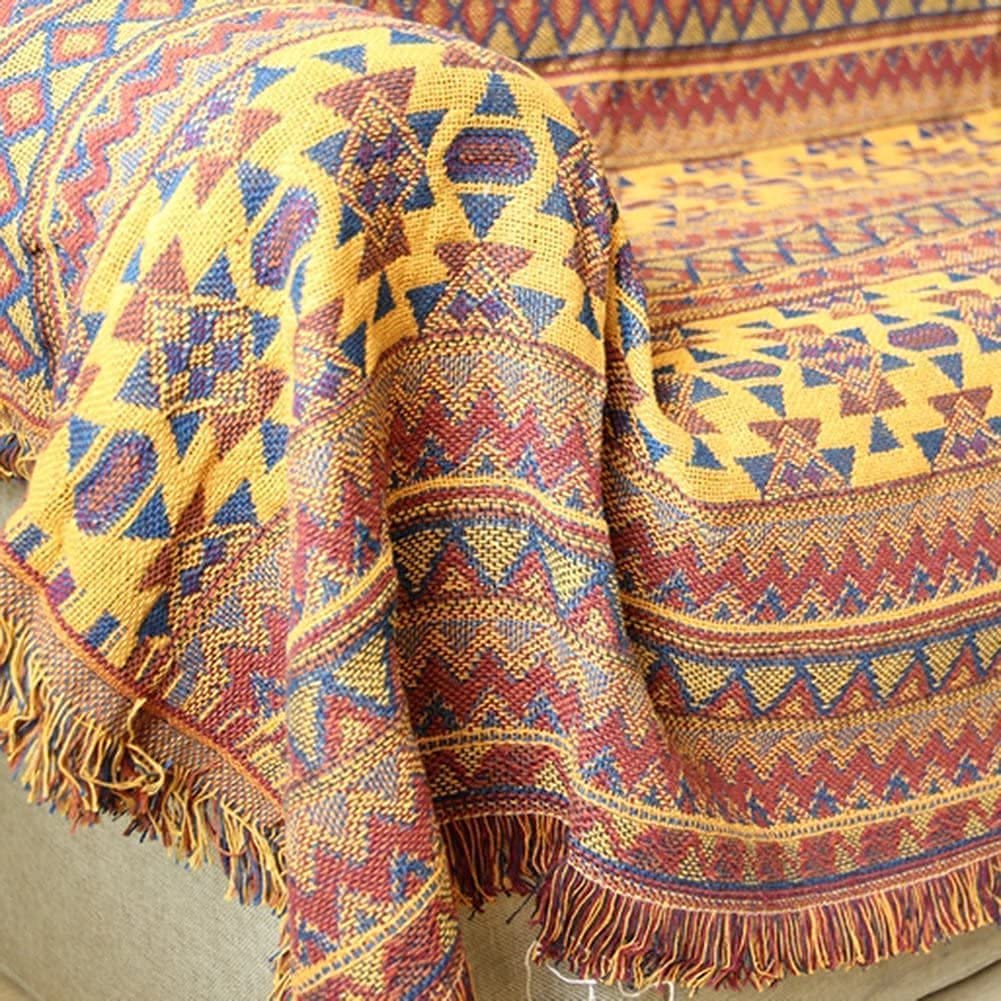 VANJOROY Bohemian Sofa Large Throw Blanket with Tassels, 100% Handwoven Cotton Knitted Armchair Throw for Seater,Settees,Couch and Bed (130 * 180CM)