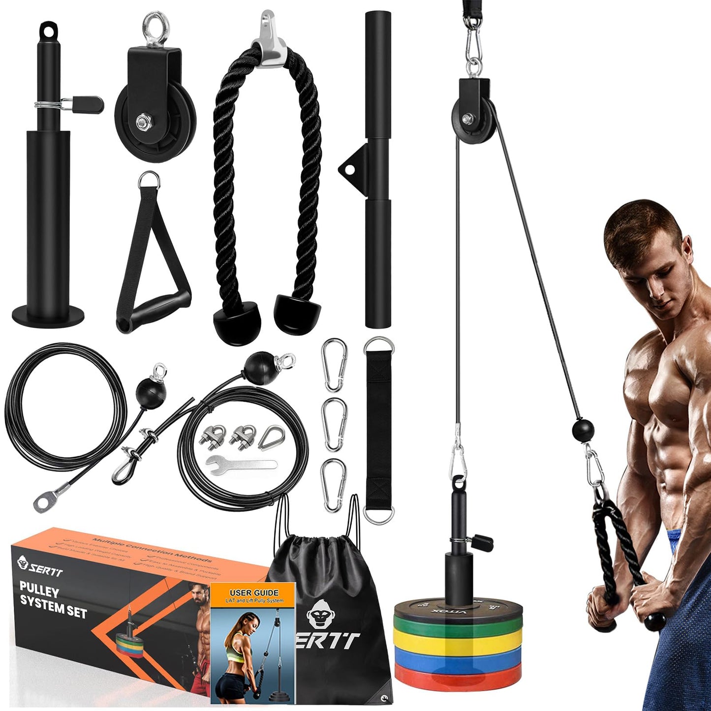 LAT and Lift Pulley System Gym, SERTT Upgraded DIY Fitness Pulley Cable Machine Attachment for Triceps Pull Downs, Biceps Curl, Forearm, Shoulder -