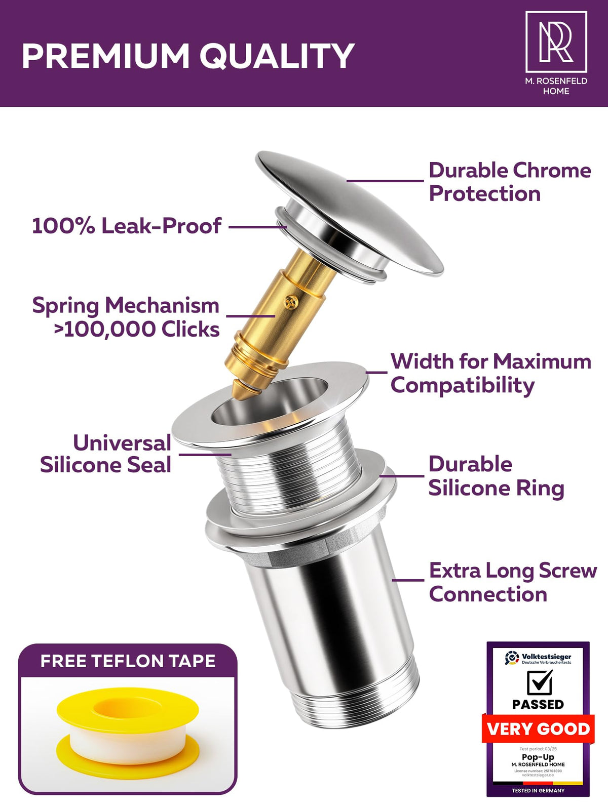 M. ROSENFELD HOME Click Clack Basin Waste Kit without Overflow 1 1/4" Universal Chrome Bathroom Sink Waste Kit Pop Up