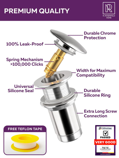 M. ROSENFELD HOME Click Clack Basin Waste Kit without Overflow 1 1/4" Universal Chrome Bathroom Sink Waste Kit Pop Up