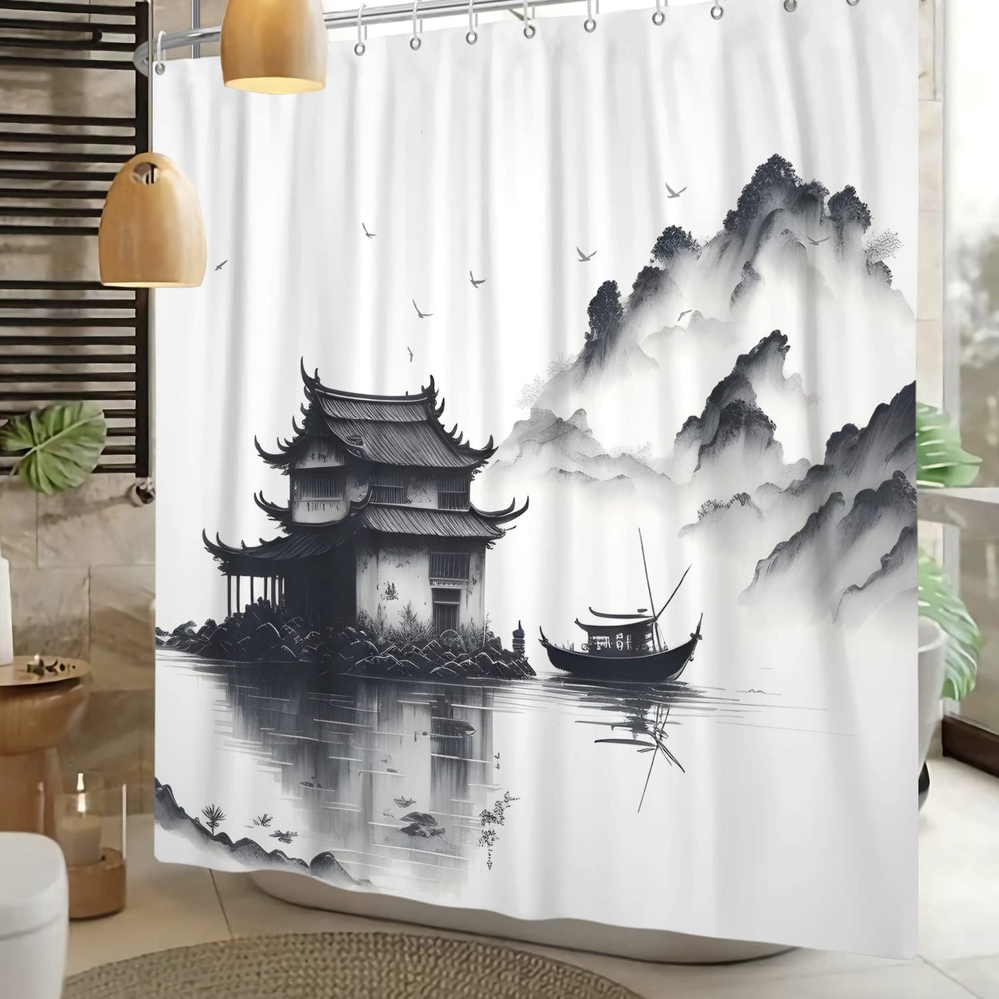 SDOTPMT 105x160cm Lake Mountain Shower Curtain Smokey Mountain Boat Wild Nature Bathtub Countryside Scenery Photo Artwork Bath Curtain for Bathroom