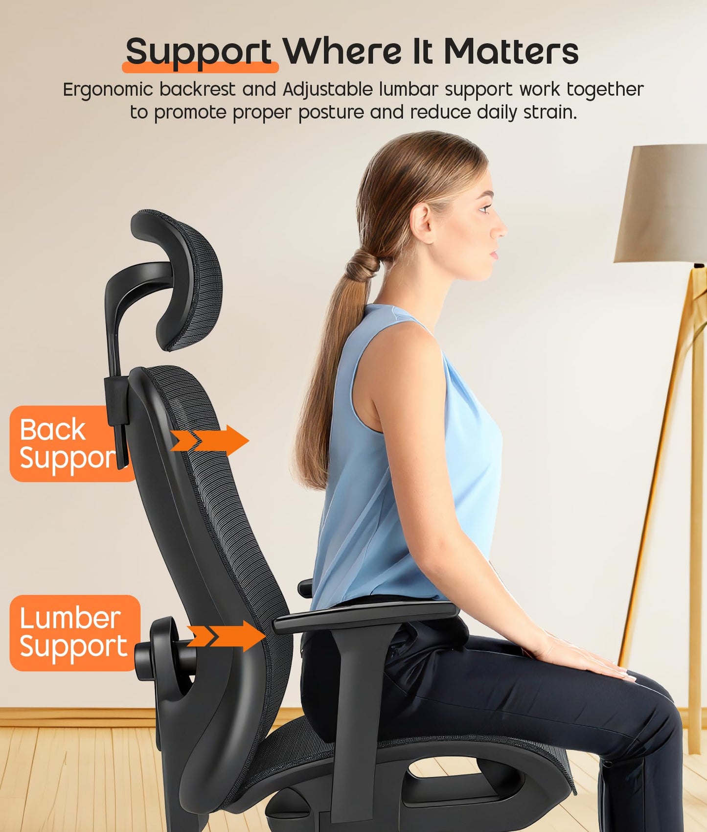 ADOV Office Chair with Headrest, Ergonomic 3D Armrest, Lumbar Support, 125° Rocking Swivel Computer Chair, High Back Mesh Reclining Desk Chair