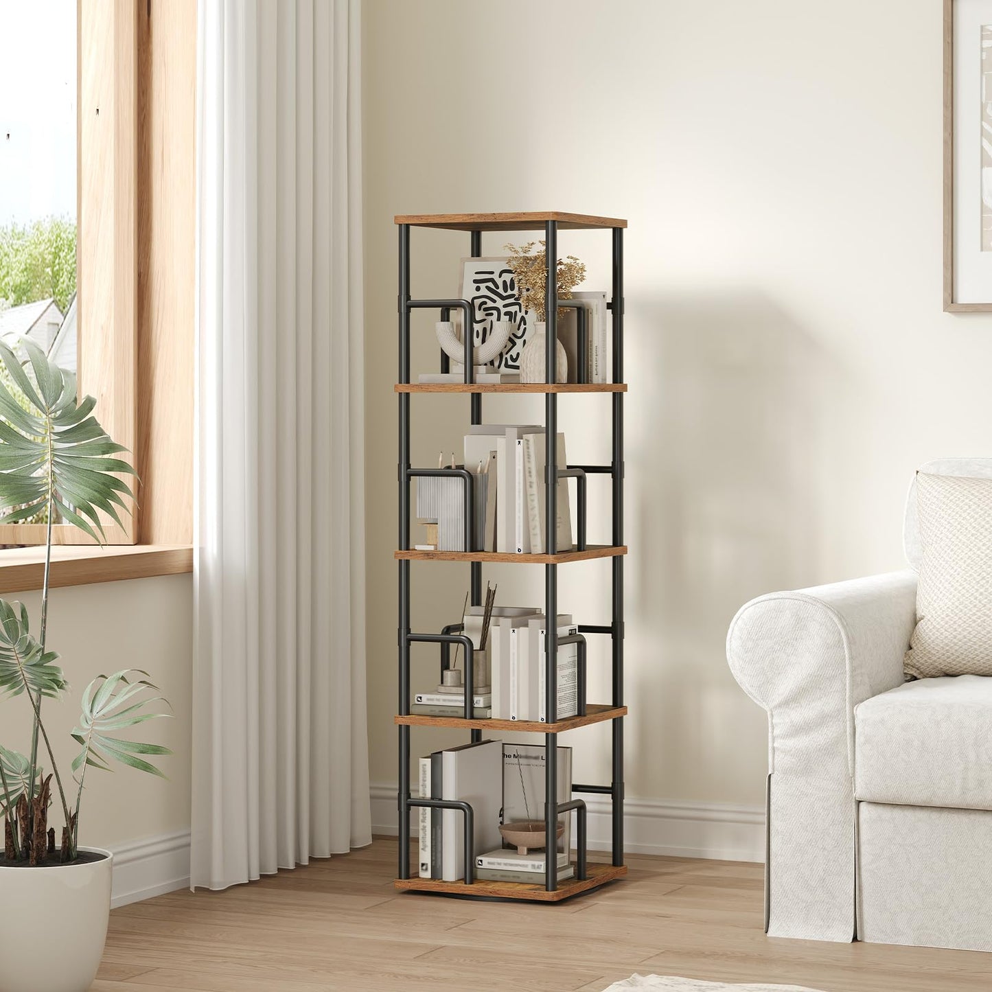 MAHANCRIS Rotating Bookshelf, 4-Tier Spinning Bookcase, 360° Revolving Bookcase, Storage Turning Shelf with Rails for Corner, Living Room, Bedroom
