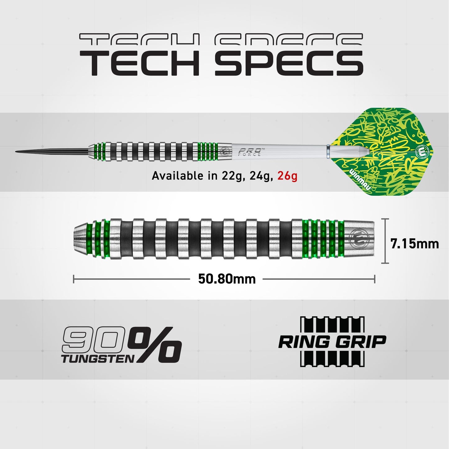WINMAU Advance 500 Series Tungsten Green 26 Gram Steeltip Darts Set with Flights and Shafts (Stems)
