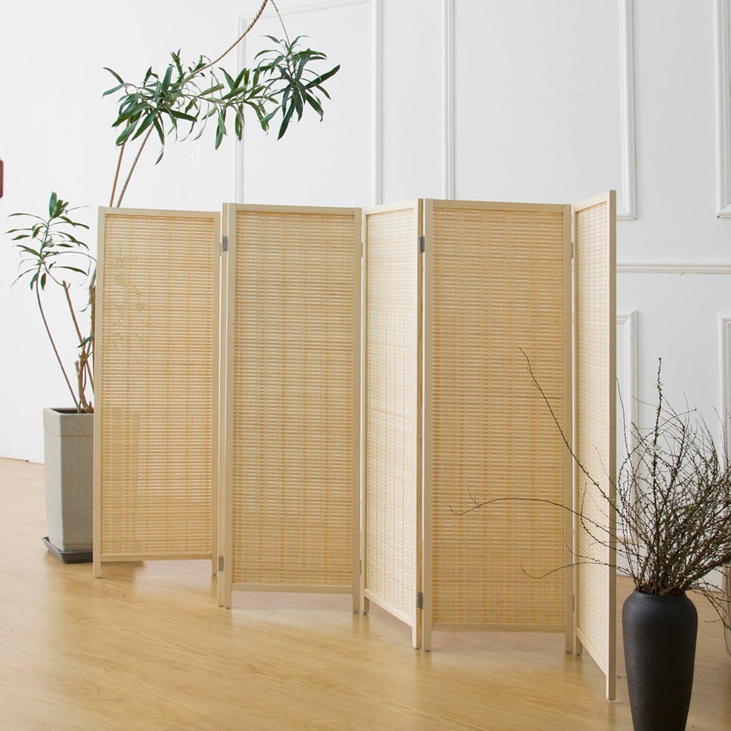 Furnnylane 6 Panel Bamboo Room Divider Short Folding Screen Divider,Double Sided Bamboo Panel Divider for Room Separation,Beige,120 cm H x 234 cm W