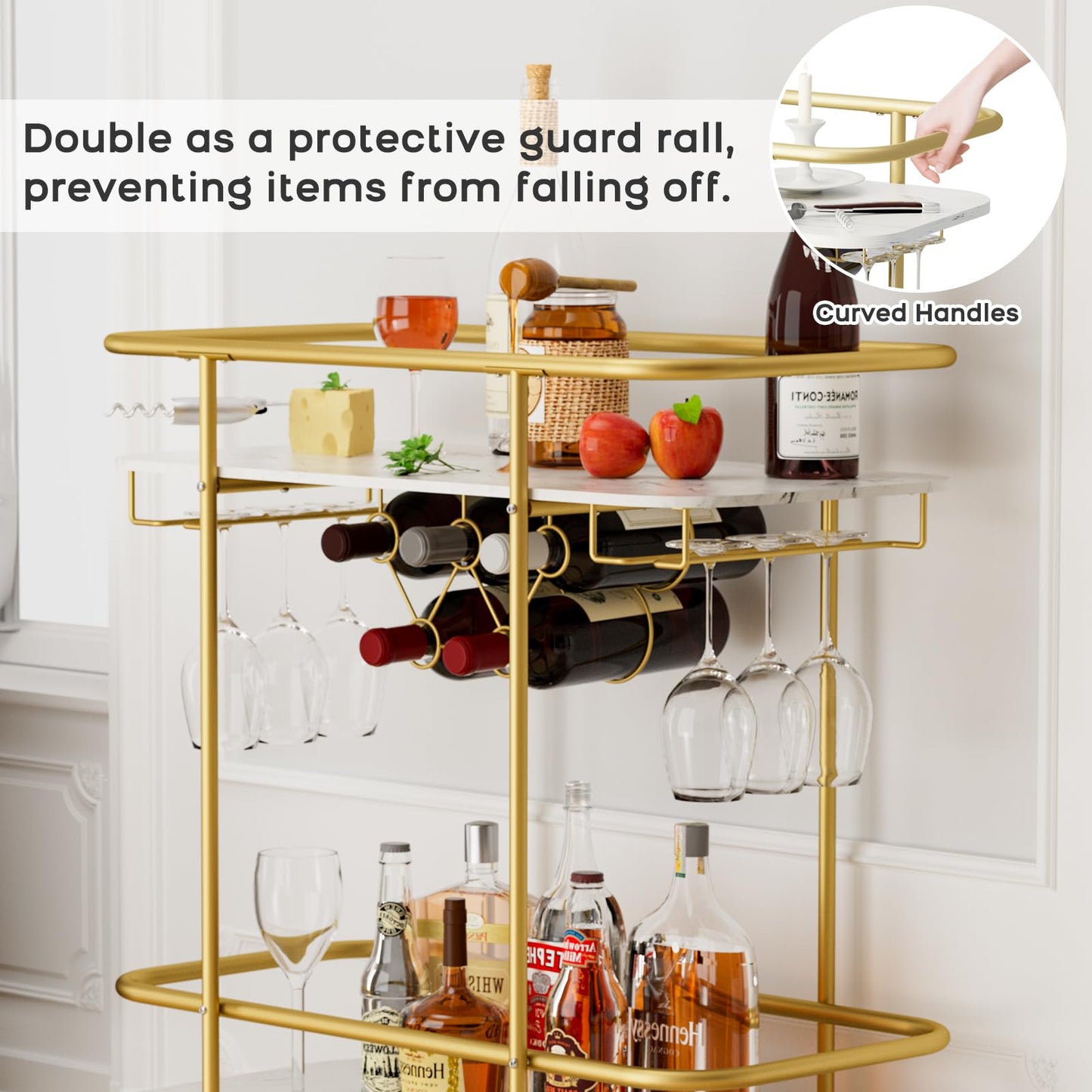 DAWNYIELD 2 Tier Mobile Bar Serving Cart, Drinks Trolley on Wheels, Gold
