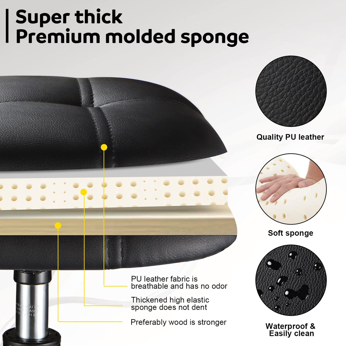 FNZIR Square PU Cushion Rolling Stool with Wheels Height Adjustable Swivel Stools Chair Black