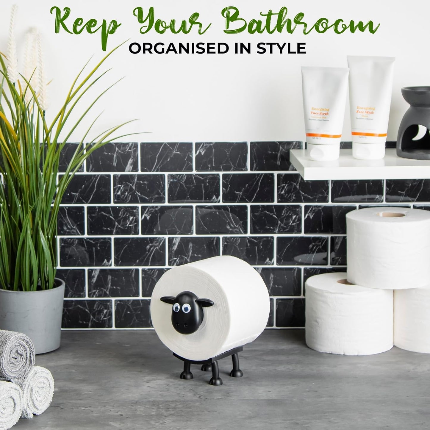 VELENTI Sheep Toilet Roll Holder - Funny Toilet Paper Holder Free Standing Bathroom Set - 3D Printed Black Sheep Loo Roll Holder