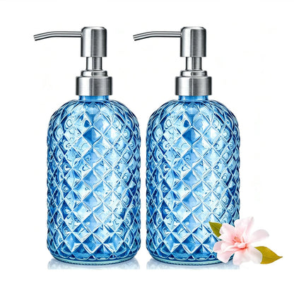 2Pcs Glass Soap Dispenser Blue - 350ml/ 16 Oz Hand Soap Dispenser with Rustproof Stainless Steel Pump Liquid Hand Jar Refillable Glass Bottle for