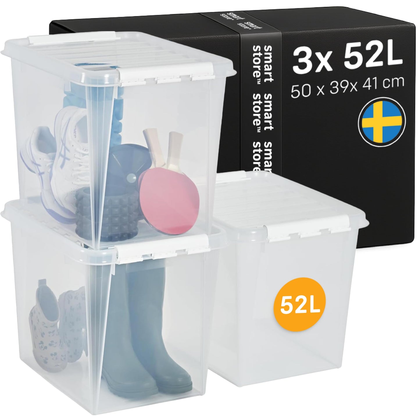 SmartStore - 3x Plastic Storage Box with Lid Classic 52L (50x39x41cm) |Plastic Storage Drawers with Lid|Food-Safe Material|Kitchen &