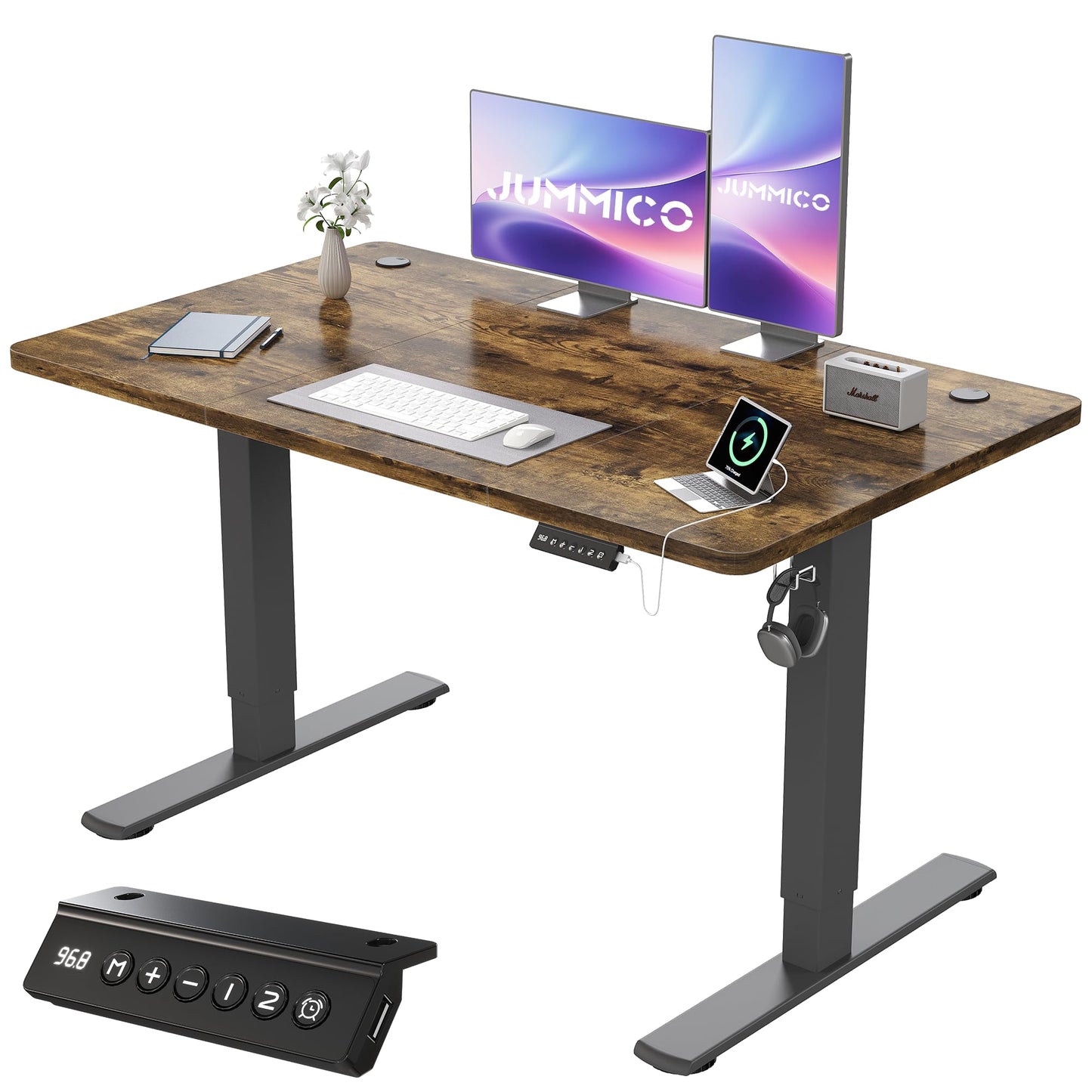 JUMMICO Electric Standing Desk with USB Charging, 120x60cm Height Adjustable Desk with Sedentary Reminder Stand Up Desk with Splice Board for Home