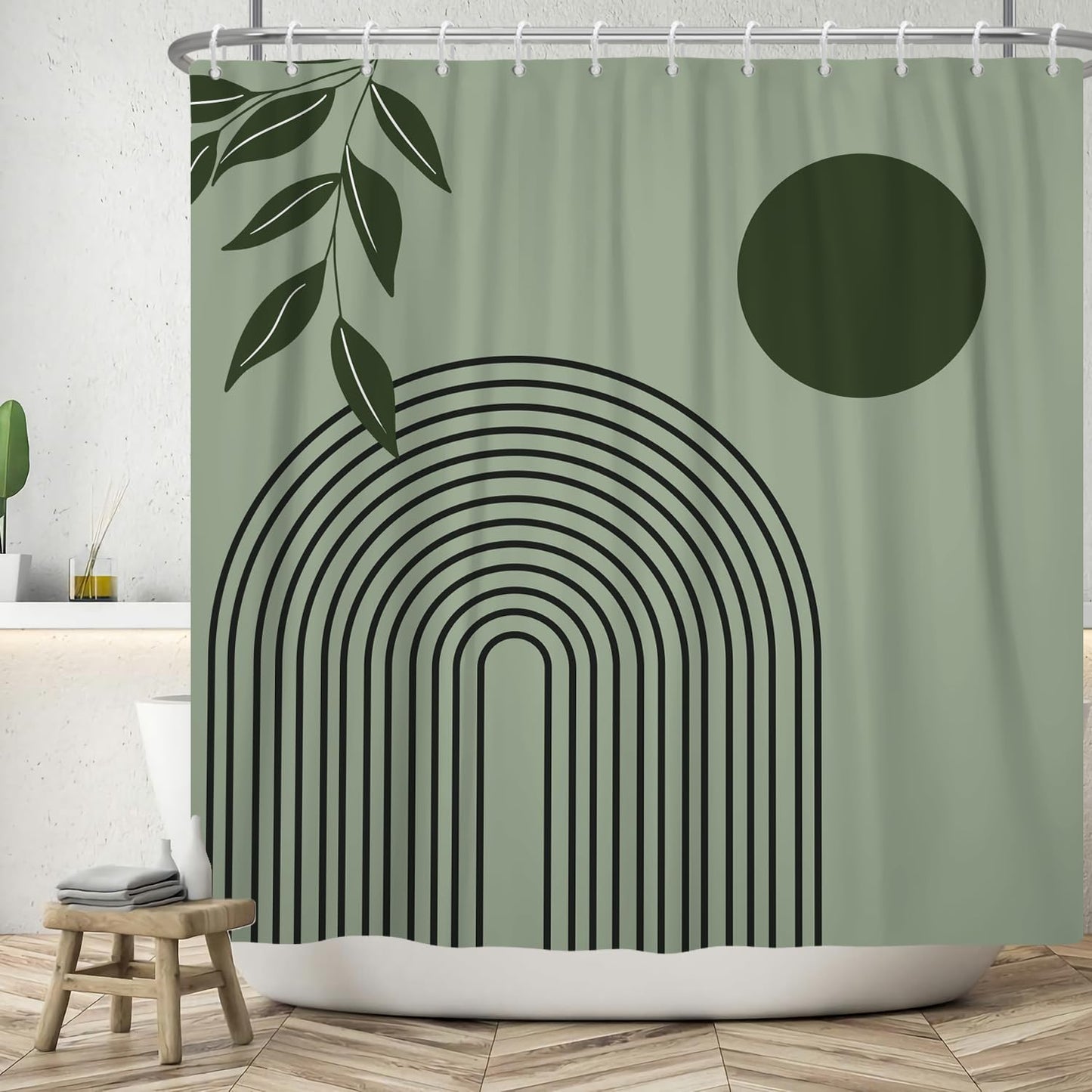 ASDCXZ Boho Shower Curtain 180x180 cm, Modern Abstract Art Green Leaves Sun Line Sage Green Bath Washable Shower Curtains Polyester Textile
