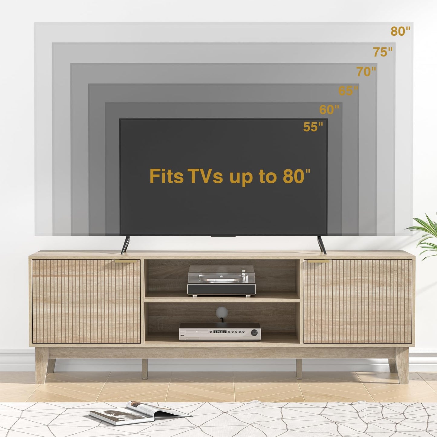 Skokliz TV Unit, 178cm Fluted TV Stand Cabinet, Mid-Century Modern TV Console for TVs up to 80 inch, Farmhouse TV Cabinets with 2 Storage