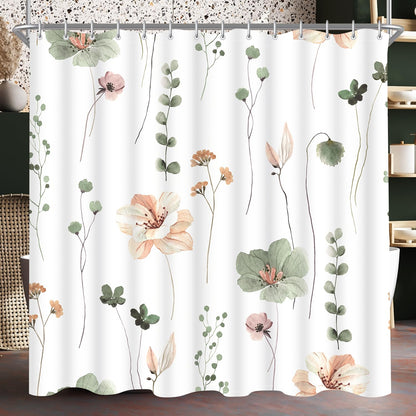 Lerores Shower Curtain, 120 x 200 cm, Sage Green Flower, Weighted Hem, Anti-Mould, Water-Repellent