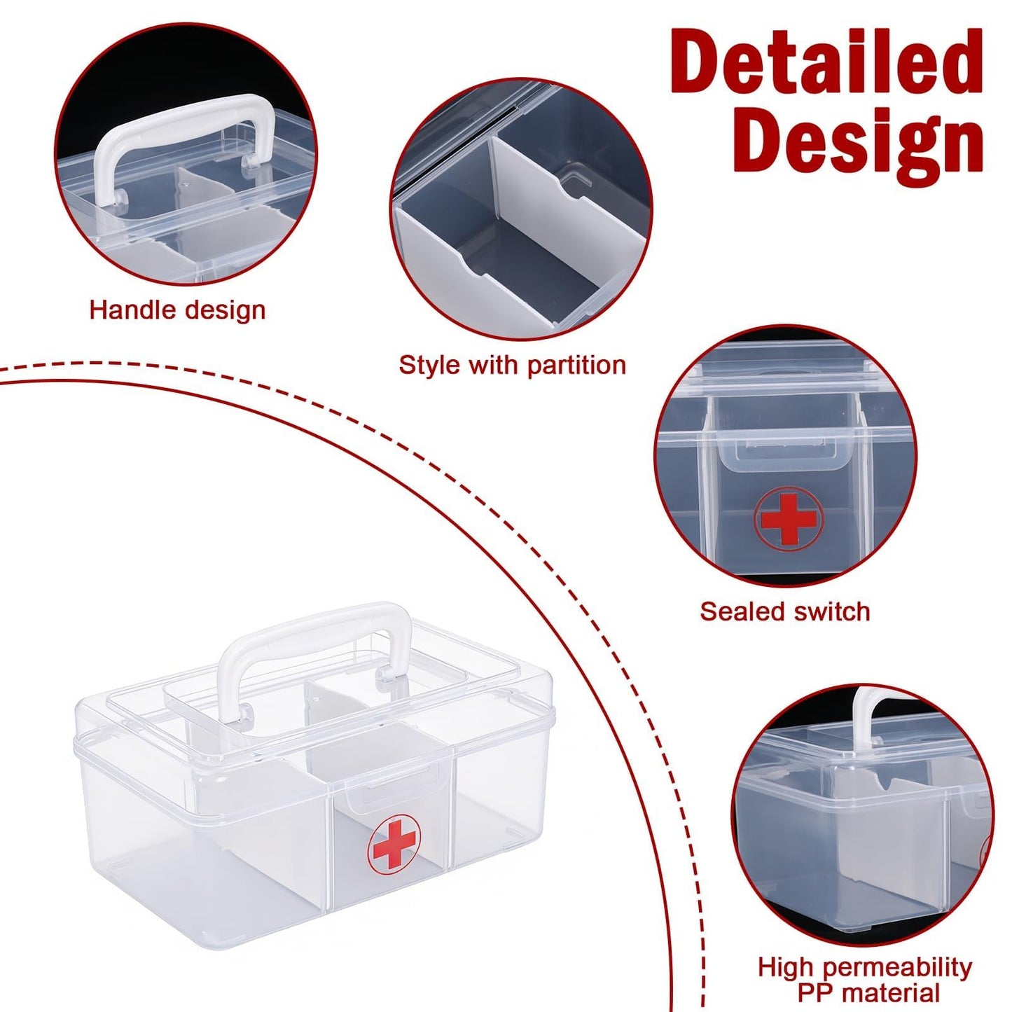 Punorric Medicine Storage Box - Detachable Dividers First Aid Box Empty, Foldable Handle Medical Box & Home First Aid Kit