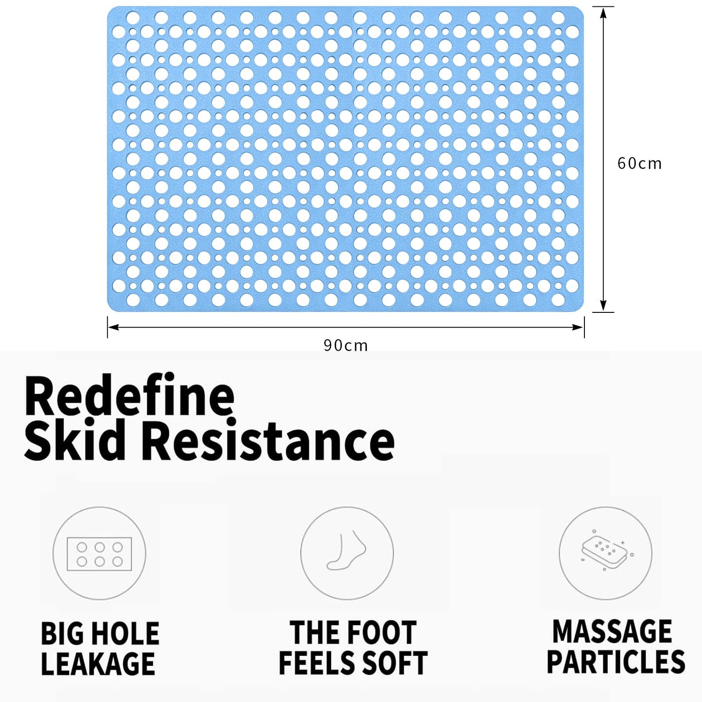 Venuso Square Shower Mats Non Slip Anti Mould, 90 x 60 cm Rubber Anti Slip Bath Mat with Drain Holes, Machine Washable