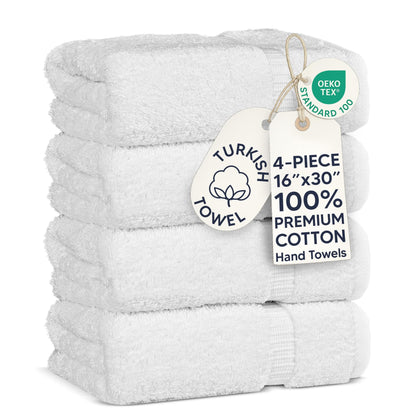 Chakir Turkish Linens 100% Cotton Premium Turkish Towels for Bathroom | 16'' x 30'' 4-Piece Hand Towel, White