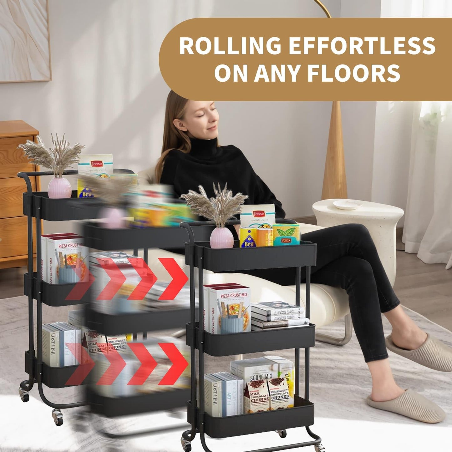 3 Tier Trolley Rolling Utility Storage Car with Wheels&Hanging Cups&Hooks