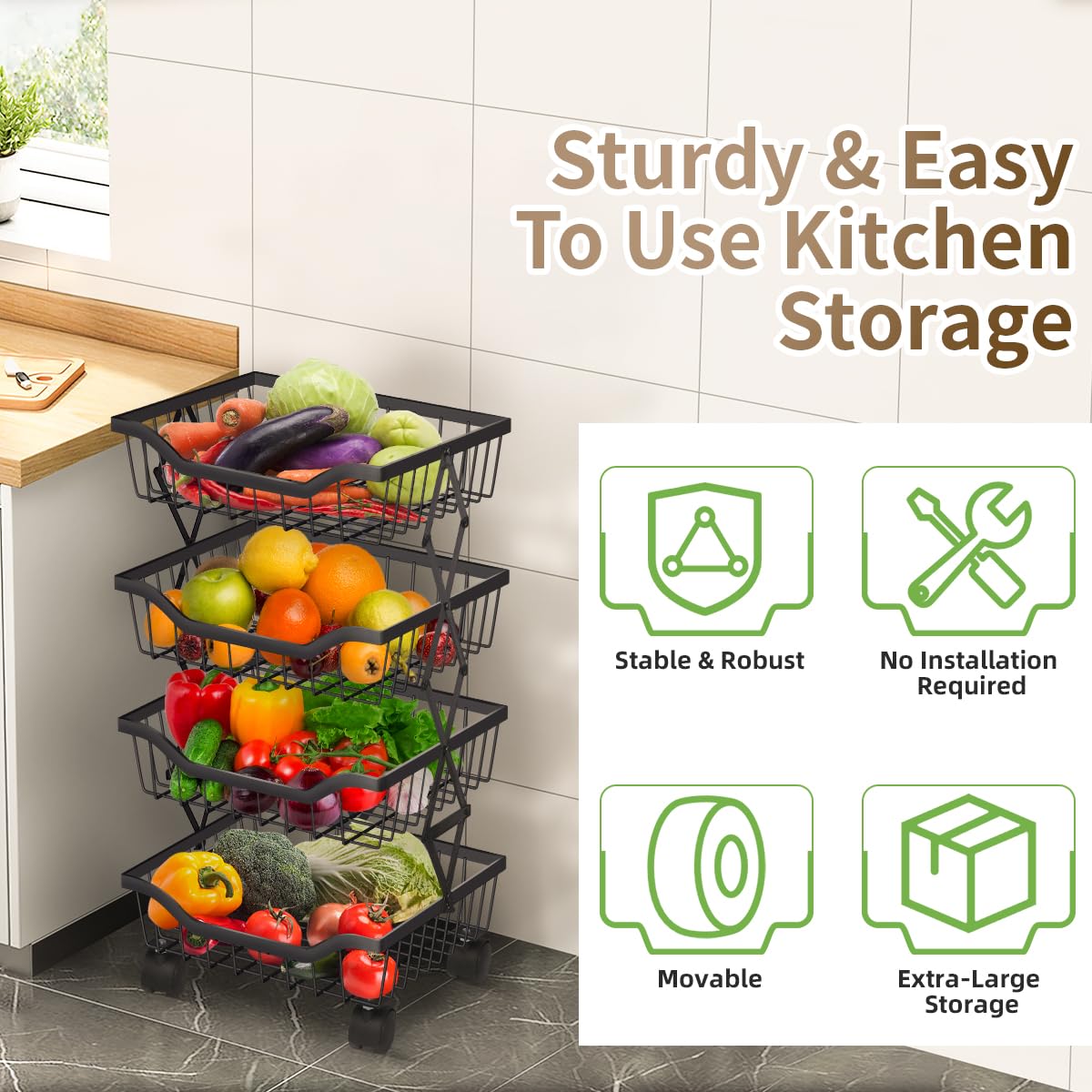 Newzealkids Fruit and Vegetable Storage – 4 Tier Stackable Metal Wire Storage Trolley with Wheels, Kitchen Organiser Unit for Living Room
