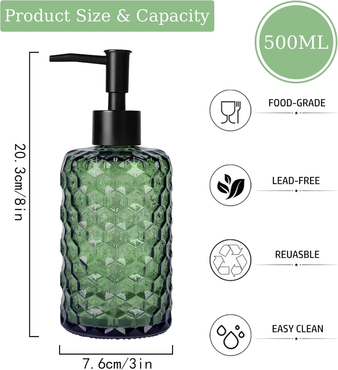 500ml Glass Soap Dispenser Bathroom, Dish Soap Dispenser for Kitchen
