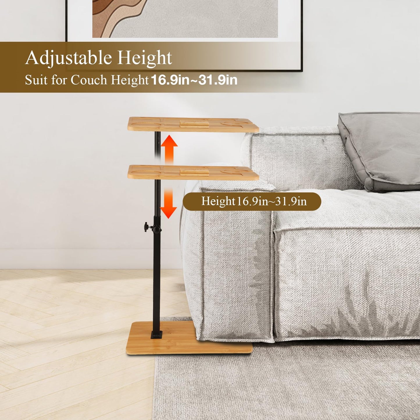 VeftBltrem C Shaped Side Table, Adjustable Height 17-32 Inch, 360° Rotating Desktop, Sturdy Bamboo Metal Base, Under Sofa Table for Living Room