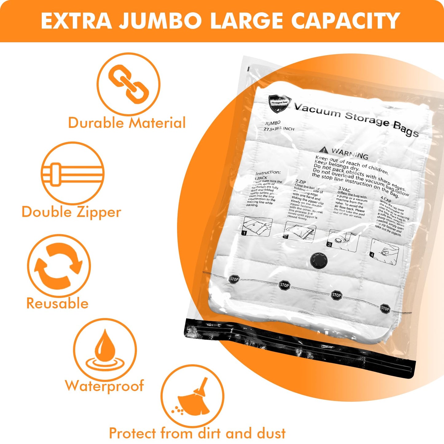 6 XX Large Vacuum Storage Bags, Space Saver Sealer Compression Bags for Blankets, Comforters, Pillows, Clothes Storage