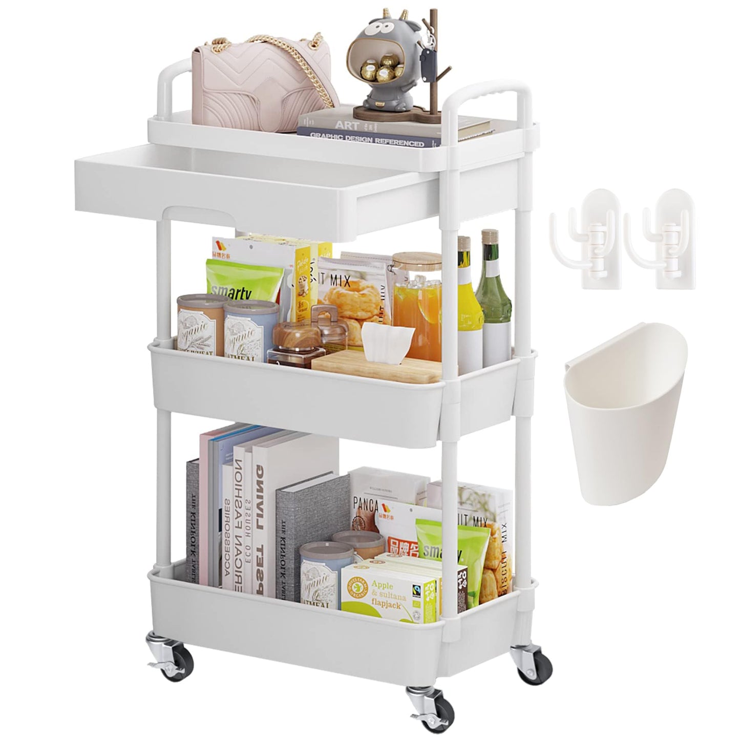 Wuciray Beauty Trolley on Wheels 3 Tier Storage Trolley with Drawer Plastic Beauty Trolleys Rolling Utility Cart Craft Trolleys on Wheels for Home