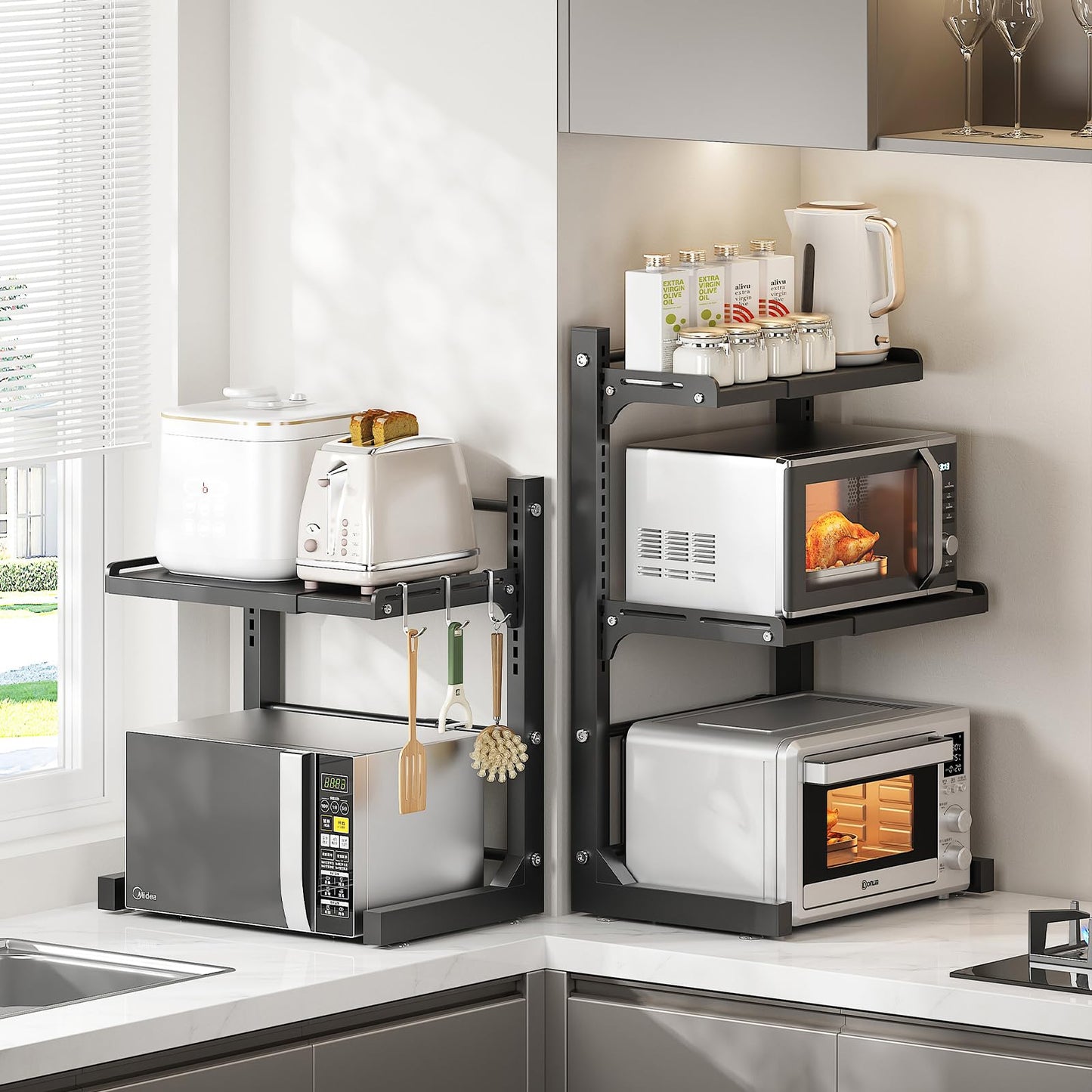 ABCOOL Retractable Adjustable 2 Axial Kitchen Baker Microwave Oven Rack, Expandable and Height Adjustable Carbon Steel Shelf Counter Countertop with