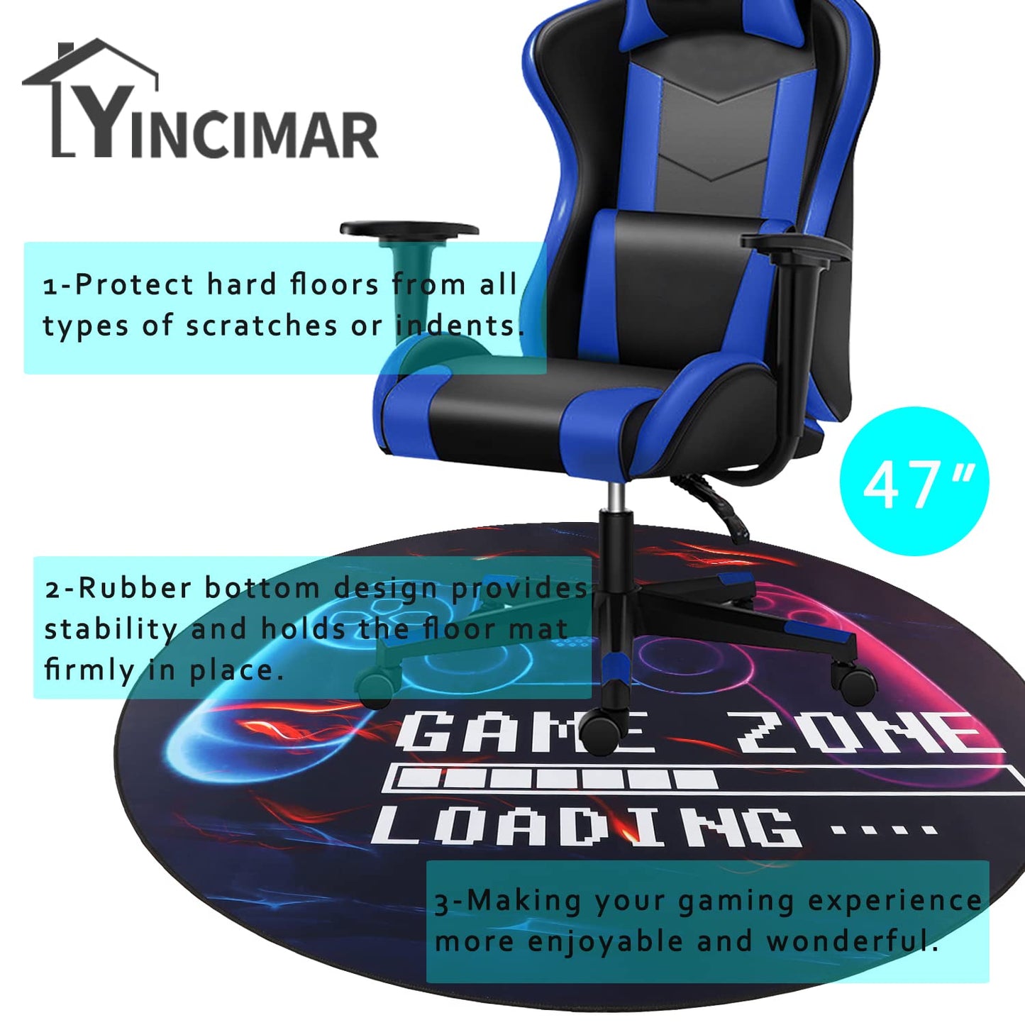 Yincimar Gaming Chair Mat for Hardwood Floor,Anti-Slip Floor Protector Game Controller Rubber Gaming Computer Chair Mat for Gaming Room Home Office