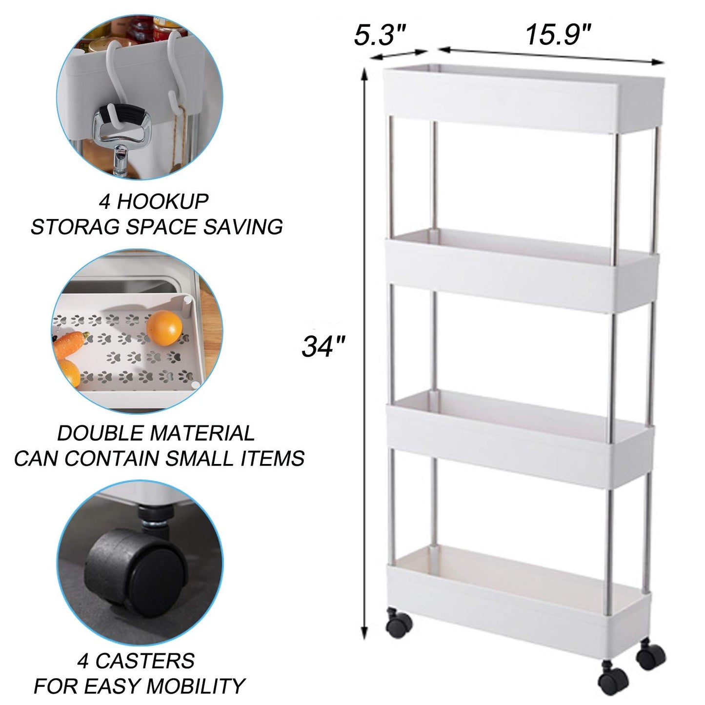 BigTron 4 Tier Storage Cart,Mobile Shelving Cart,Bathroom Slim Rolling Cart Utility Storage Organizer Shelf for or Bathroom,Kitchen,Laundry