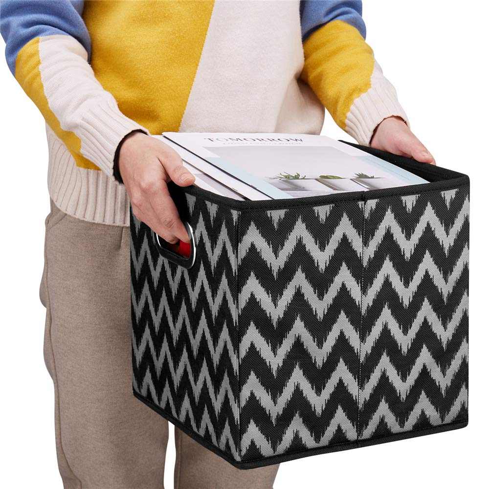 HSDT 3 Cube Storage Bins Black 10.5x10.5x11 Inch Foldable Grid Chevron Print Fabric Half Storage Basketes for Home Organizers Storage Drawer,QY-SC10-3