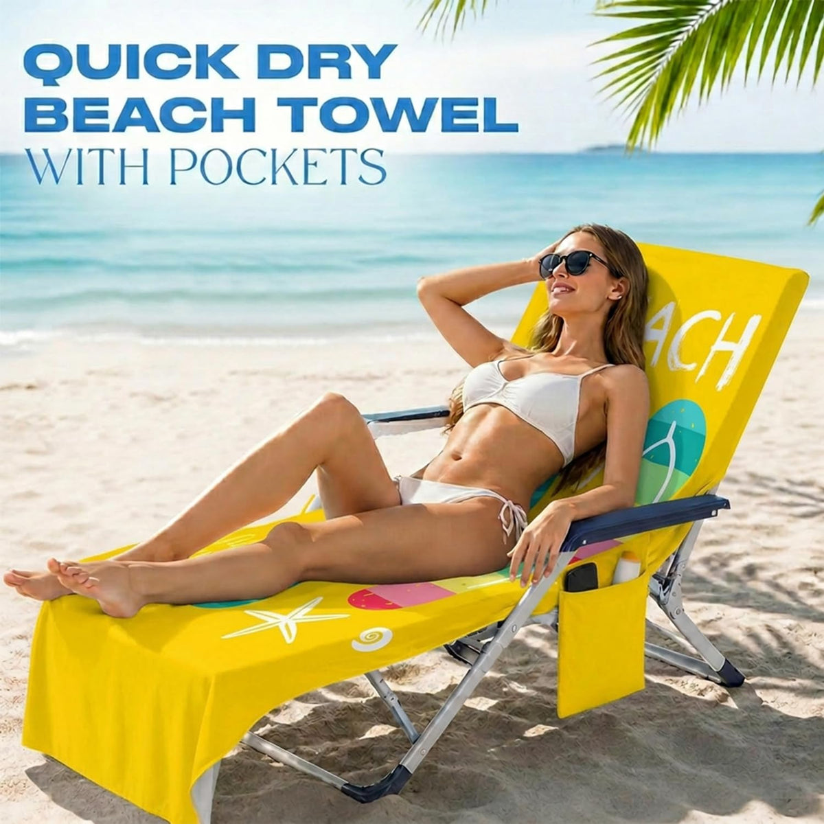 Surwin Sun Lounger Towel with Pockets, 3D Juice Print Quick Dry Beach Towel, Microfiber Sunbed Towels Travel Lounger Bag for Loungers Summer Holiday
