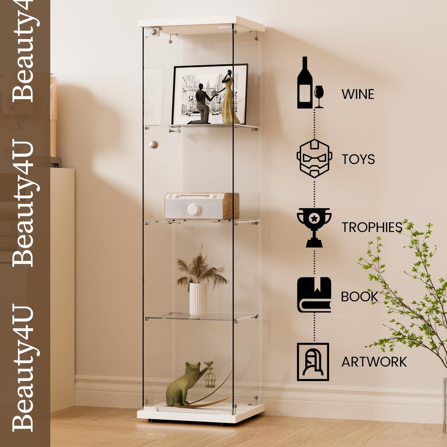 Beauty4U 4-Shelf Single Door Glass Display Cabinet, 163cm Tall, White