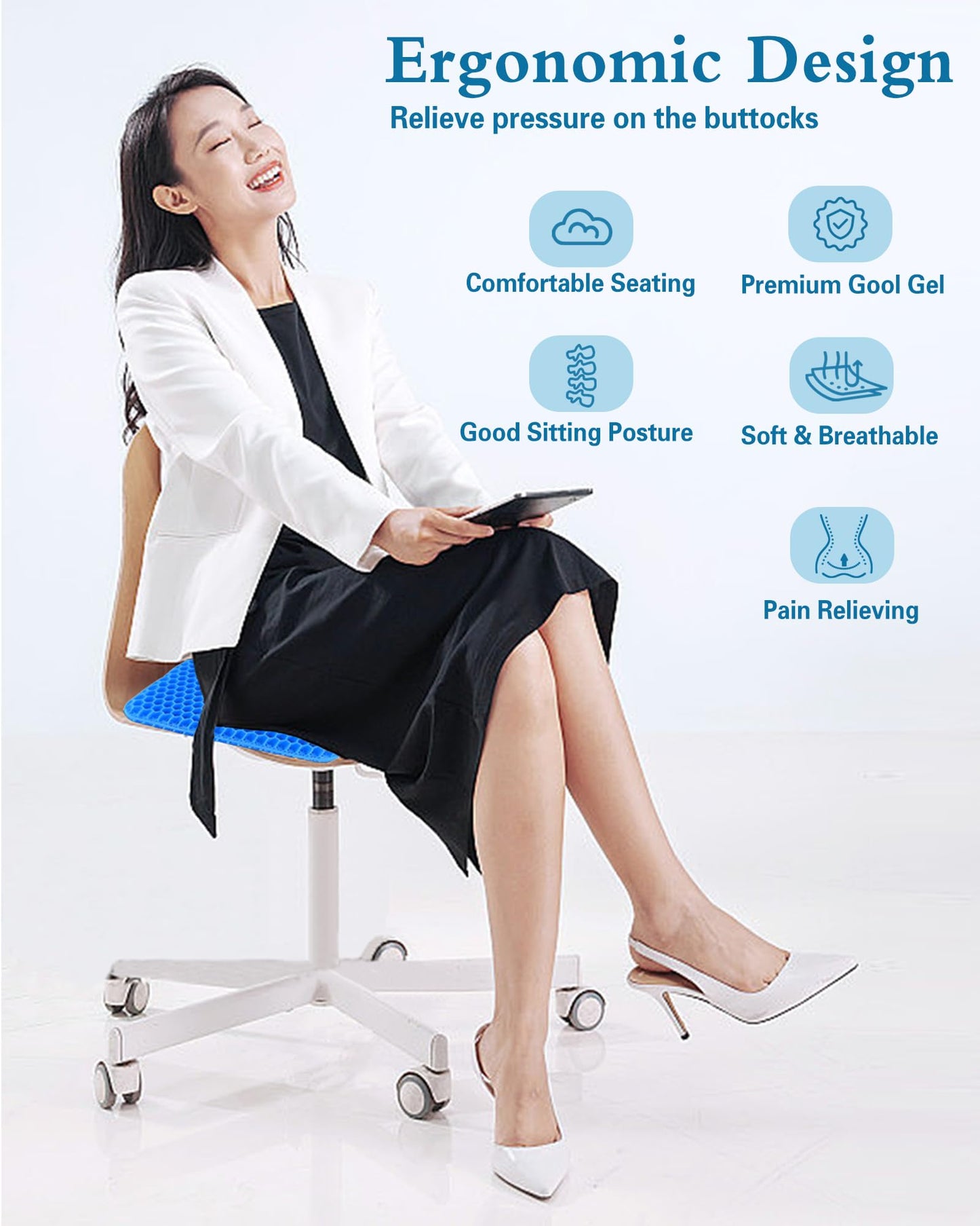 Rewoalzx 2025 Upgraded Cooling Gel Seat Cushion 50x50x5cm - Extra Thick Honeycomb Blue Cushion for Back Pain Relief, Breathable & Machine Washable